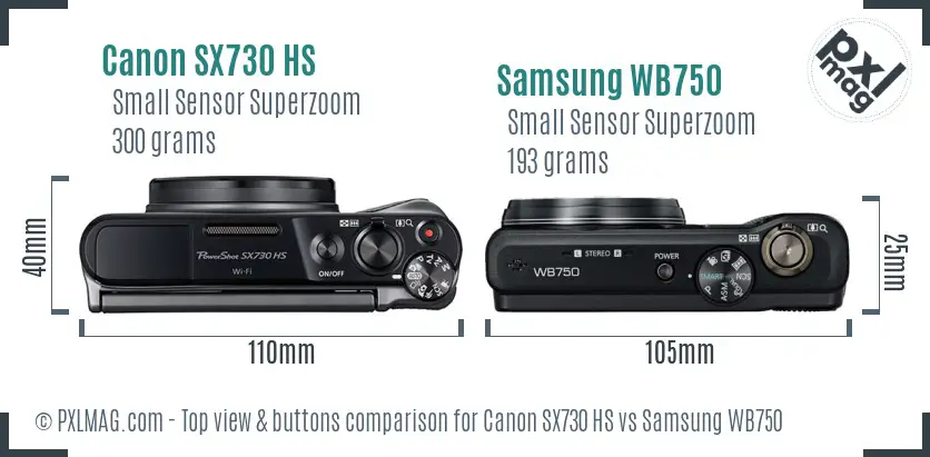 Canon SX730 HS vs Samsung WB750 top view buttons comparison
