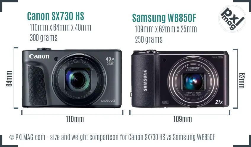 Canon SX730 HS vs Samsung WB850F size comparison