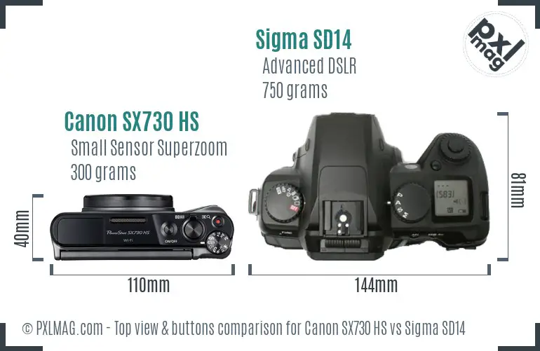 Canon SX730 HS vs Sigma SD14 top view buttons comparison Canon SX730 HS vs Sigma SD14 top view buttons comparison