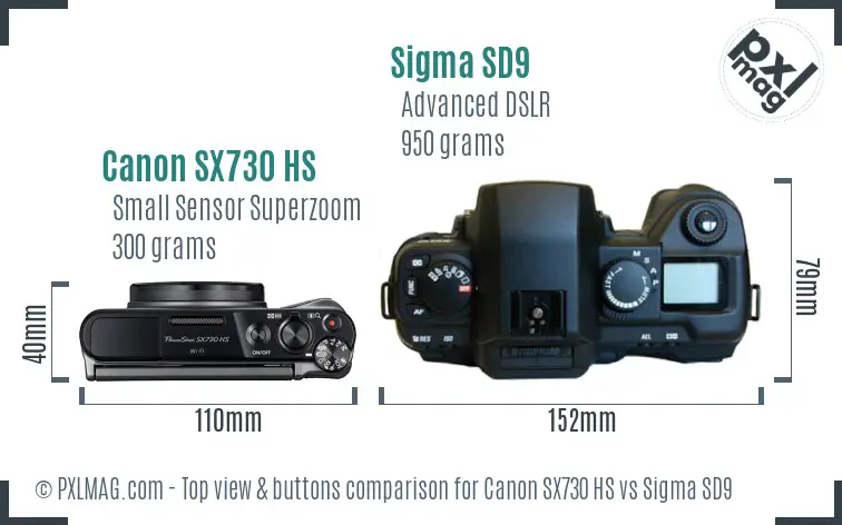 Canon SX730 HS vs Sigma SD9 top view buttons comparison Canon SX730 HS vs Sigma SD9 top view buttons comparison