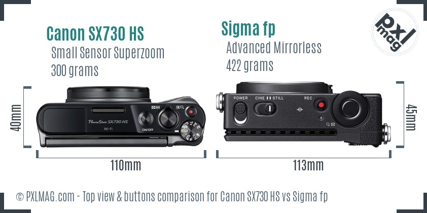 Canon SX730 HS vs Sigma fp top view buttons comparison