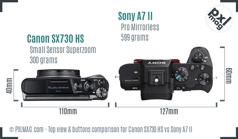 Canon SX730 HS vs Sony A7 II top view buttons comparison