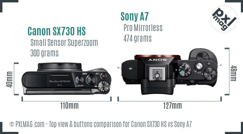 Canon SX730 HS vs Sony A7 top view buttons comparison