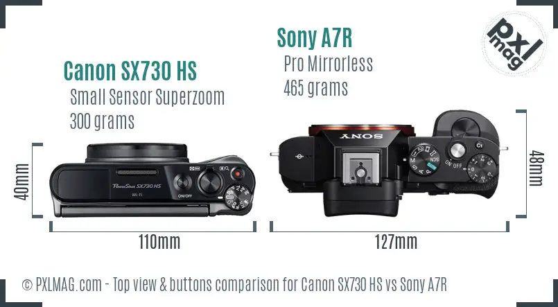 Canon SX730 HS vs Sony A7R top view buttons comparison Canon SX730 HS vs Sony A7R top view buttons comparison