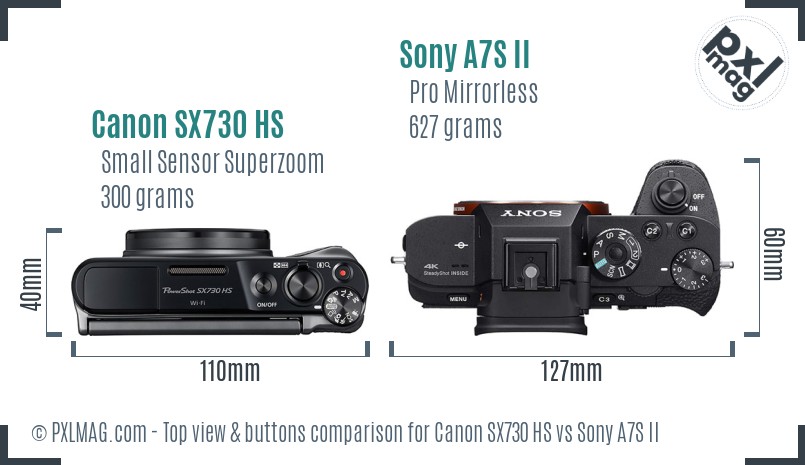 Canon SX730 HS vs Sony A7S II top view buttons comparison
