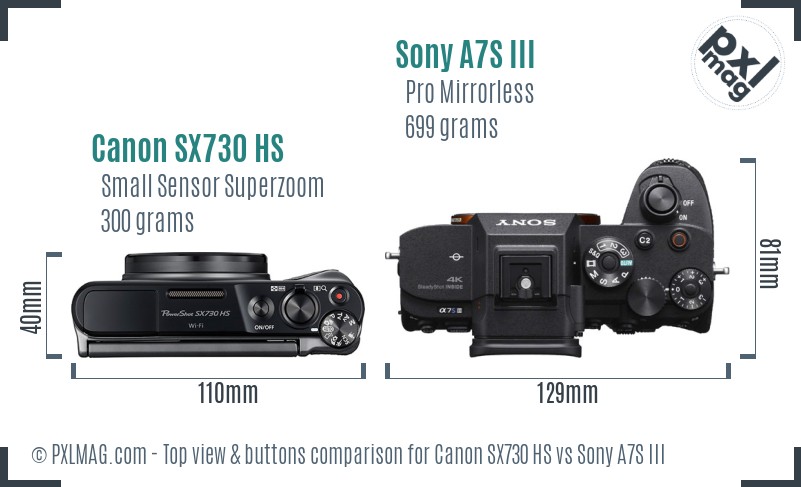 Canon SX730 HS vs Sony A7S III top view buttons comparison
