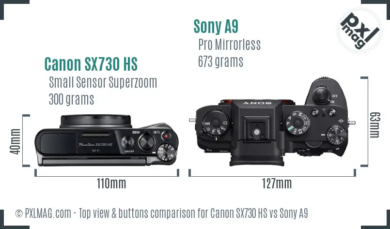 Canon SX730 HS vs Sony A9 top view buttons comparison