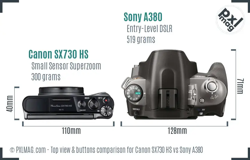 Canon SX730 HS vs Sony A380 top view buttons comparison Canon SX730 HS vs Sony A380 top view buttons comparison