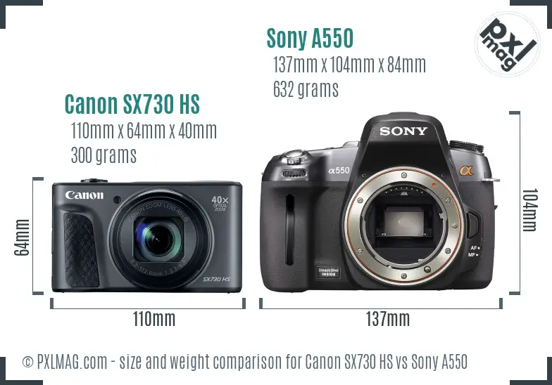 Canon SX730 HS vs Sony A550 size comparison