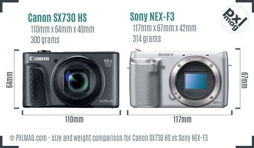 Canon SX730 HS vs Sony NEX-F3 size comparison