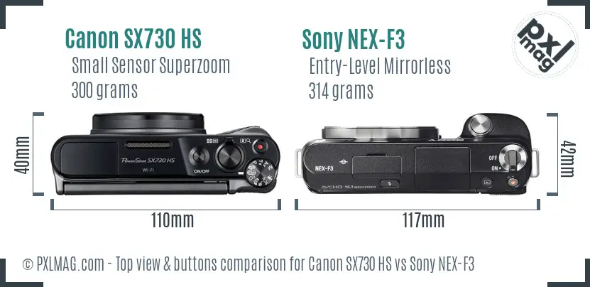 Canon SX730 HS vs Sony NEX-F3 top view buttons comparison