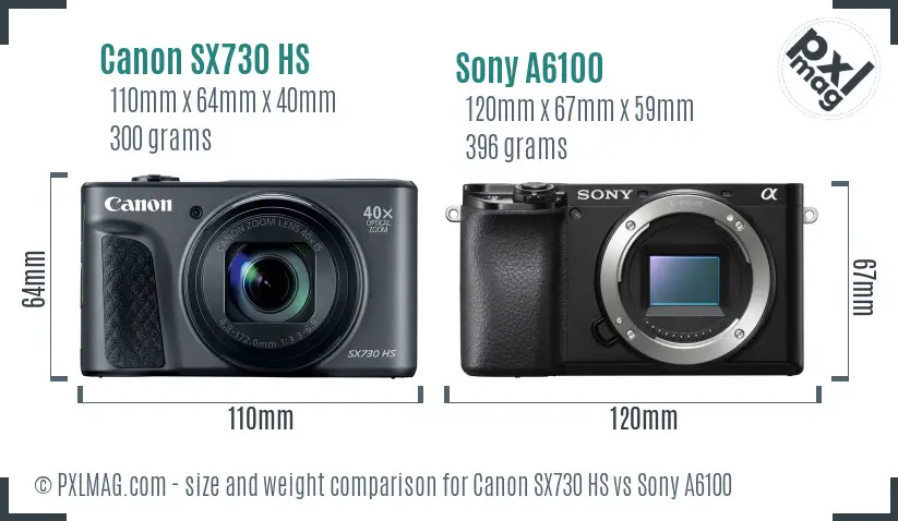 Canon SX730 HS vs Sony A6100 size comparison