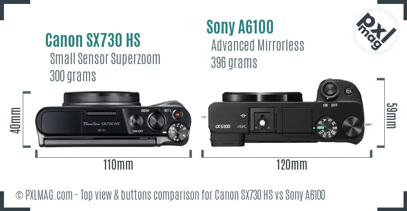 Canon SX730 HS vs Sony A6100 top view buttons comparison