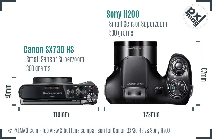 Canon SX730 HS vs Sony H200 top view buttons comparison