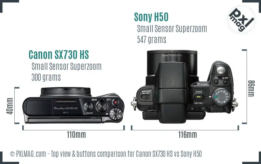 Canon SX730 HS vs Sony H50 top view buttons comparison