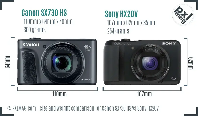 Canon SX730 HS vs Sony HX20V size comparison