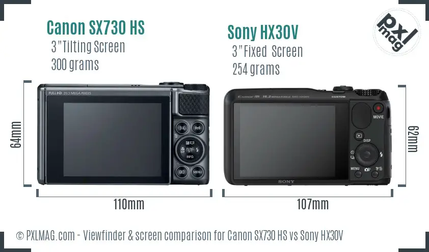 Canon SX730 HS vs Sony HX30V Screen and Viewfinder comparison