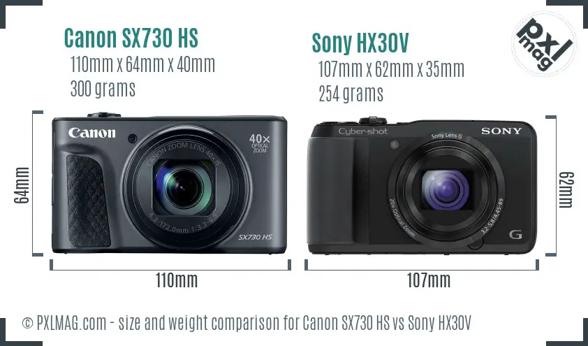 Canon SX730 HS vs Sony HX30V size comparison