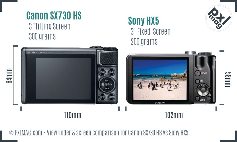Canon SX730 HS vs Sony HX5 Screen and Viewfinder comparison