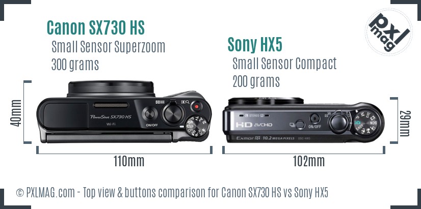 Canon SX730 HS vs Sony HX5 top view buttons comparison