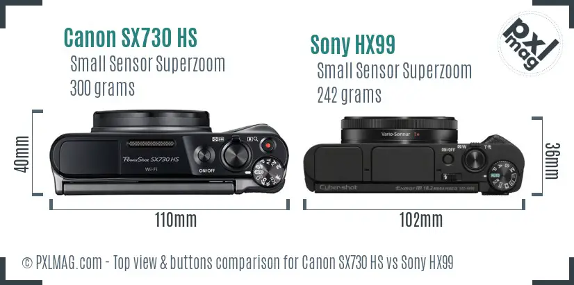 Canon SX730 HS vs Sony HX99 top view buttons comparison