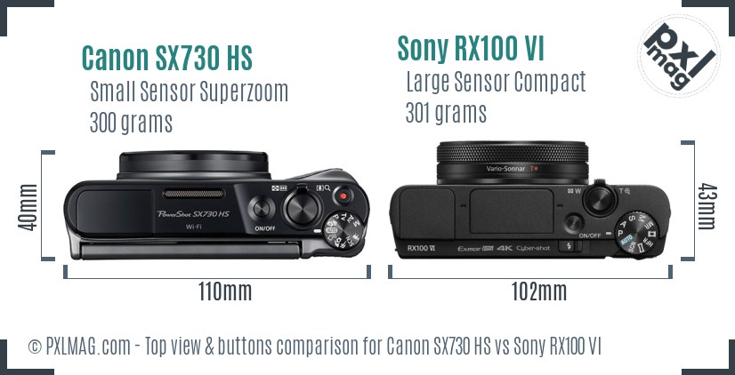 Canon SX730 HS vs Sony RX100 VI top view buttons comparison
