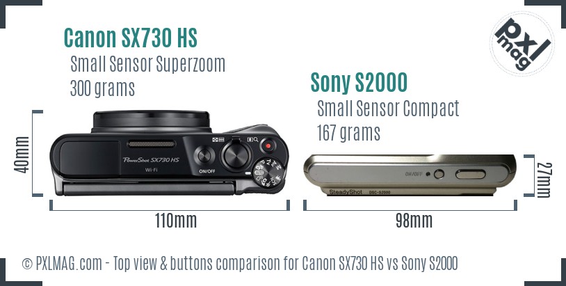 Canon SX730 HS vs Sony S2000 top view buttons comparison