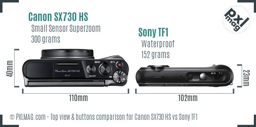 Canon SX730 HS vs Sony TF1 top view buttons comparison