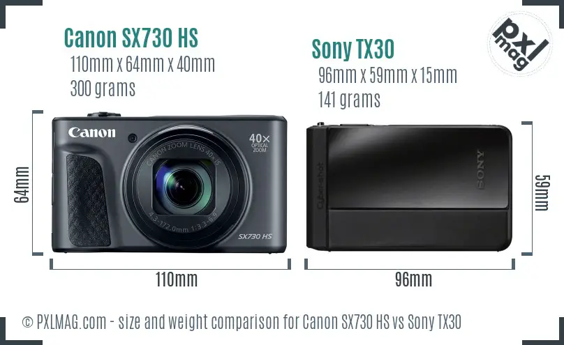 Canon SX730 HS vs Sony TX30 size comparison