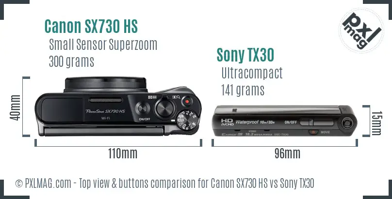 Canon SX730 HS vs Sony TX30 top view buttons comparison
