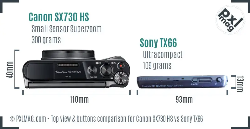 Canon SX730 HS vs Sony TX66 top view buttons comparison