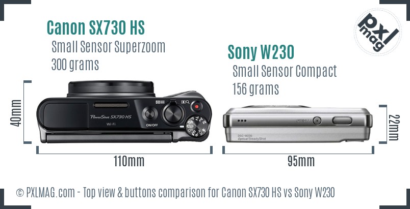 Canon SX730 HS vs Sony W230 top view buttons comparison