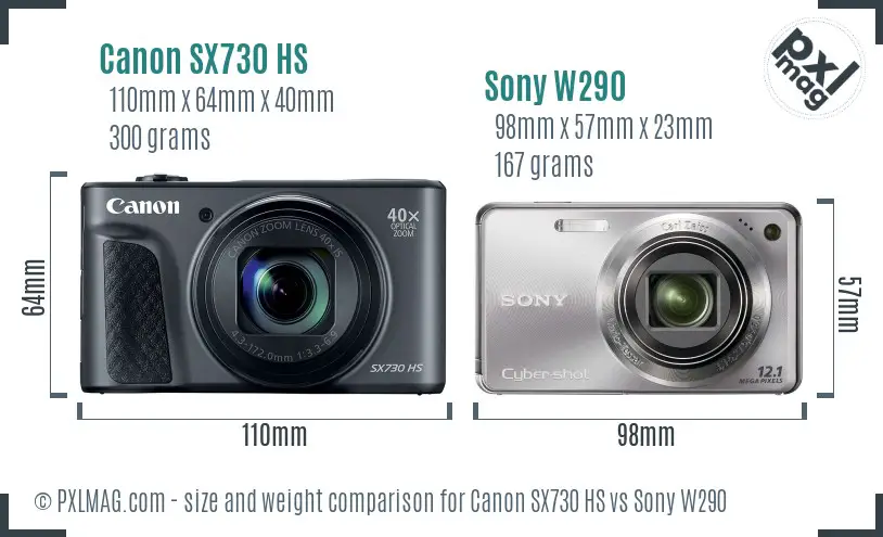 Canon SX730 HS vs Sony W290 size comparison