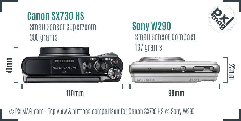 Canon SX730 HS vs Sony W290 top view buttons comparison