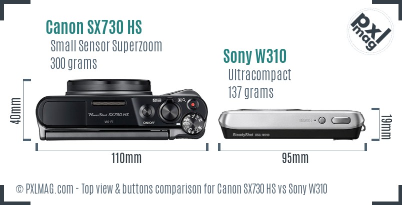 Canon SX730 HS vs Sony W310 top view buttons comparison