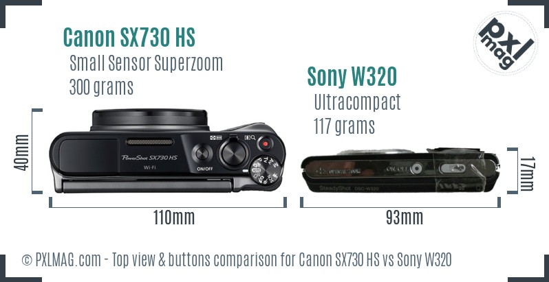 Canon SX730 HS vs Sony W320 top view buttons comparison