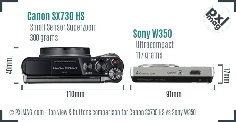 Canon SX730 HS vs Sony W350 top view buttons comparison