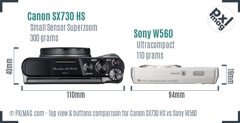 Canon SX730 HS vs Sony W560 top view buttons comparison