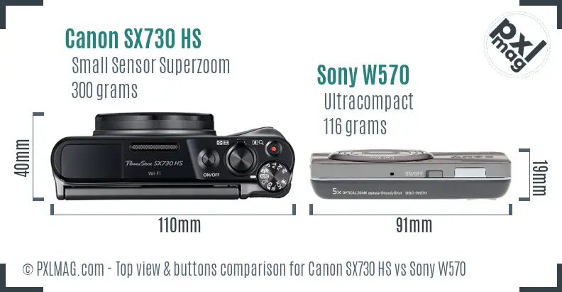 Canon SX730 HS vs Sony W570 top view buttons comparison