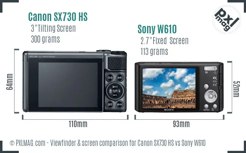 Canon SX730 HS vs Sony W610 Screen and Viewfinder comparison