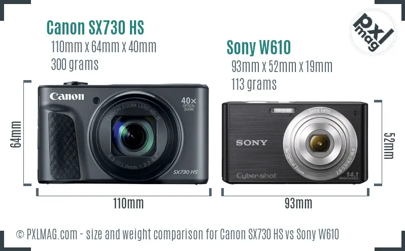 Canon SX730 HS vs Sony W610 size comparison