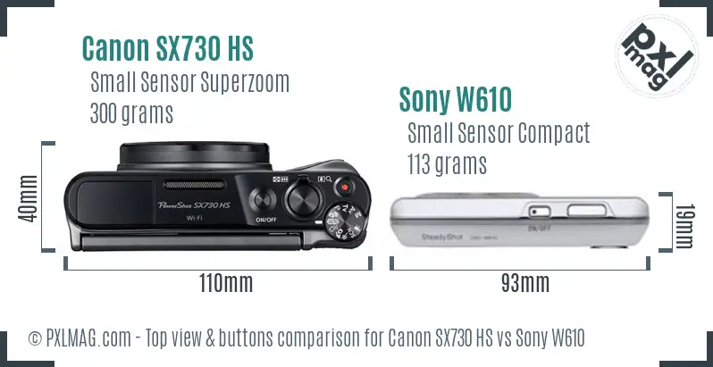 Canon SX730 HS vs Sony W610 top view buttons comparison