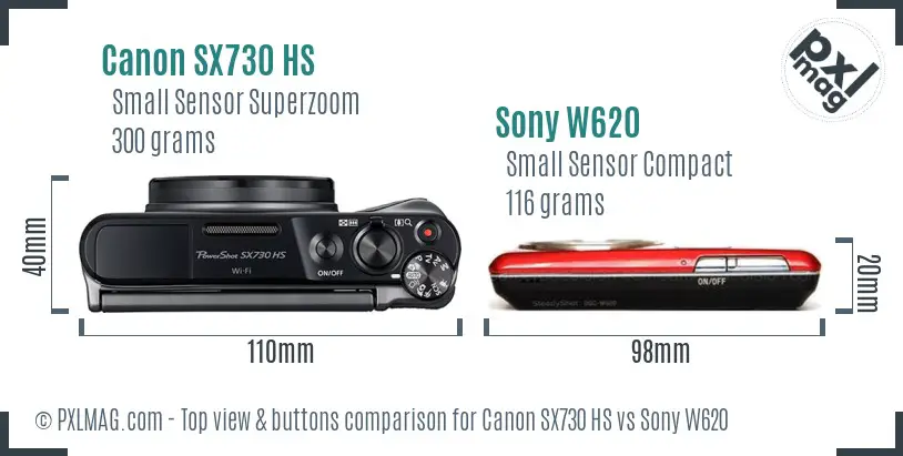 Canon SX730 HS vs Sony W620 top view buttons comparison Canon SX730 HS vs Sony W620 top view buttons comparison