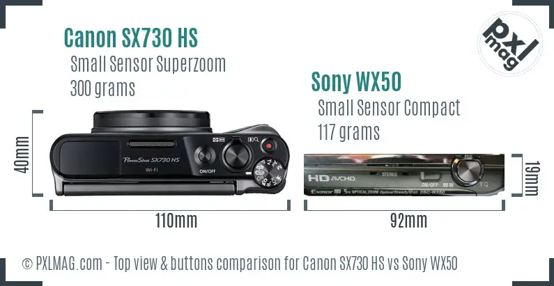 Canon SX730 HS vs Sony WX50 top view buttons comparison Canon SX730 HS vs Sony WX50 top view buttons comparison