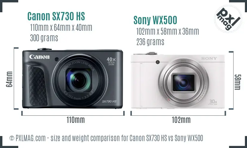 Canon SX730 HS vs Sony WX500 size comparison