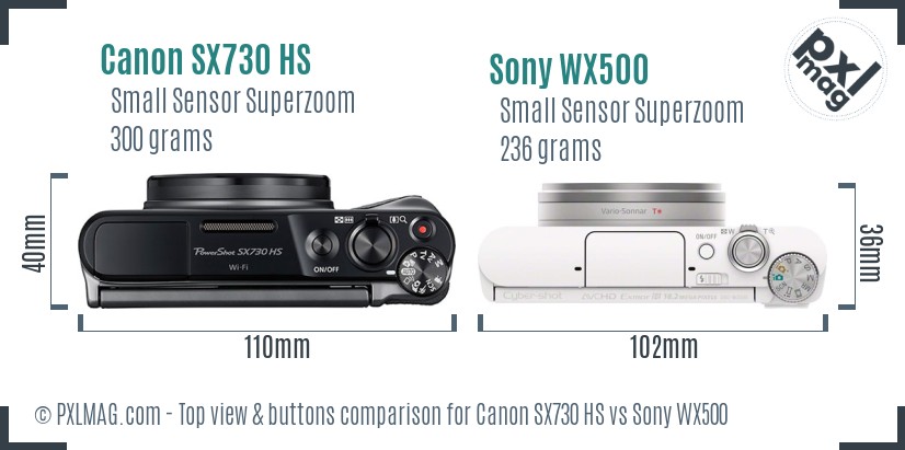 Canon SX730 HS vs Sony WX500 top view buttons comparison