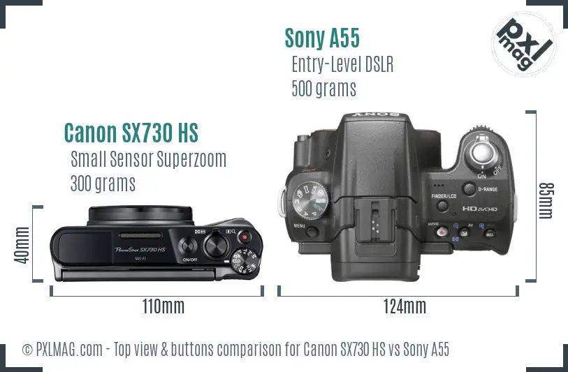 Canon SX730 HS vs Sony A55 top view buttons comparison