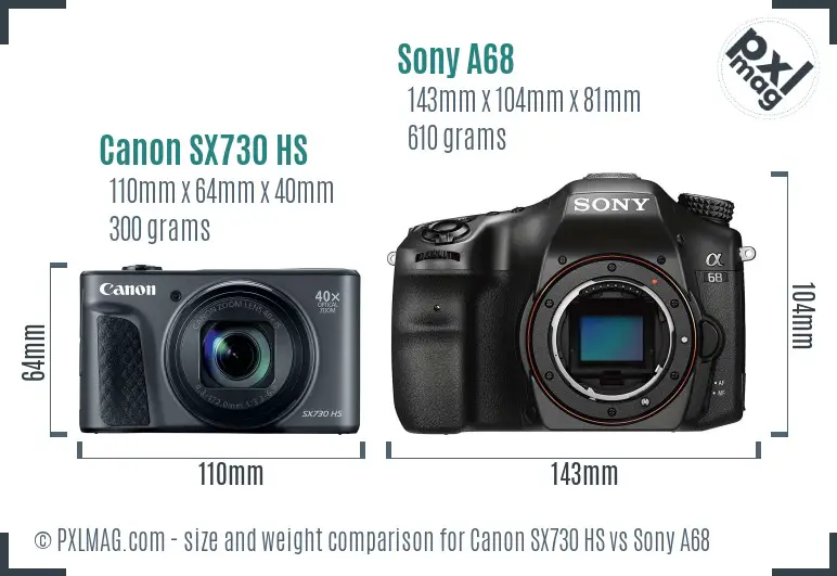 Canon SX730 HS vs Sony A68 size comparison