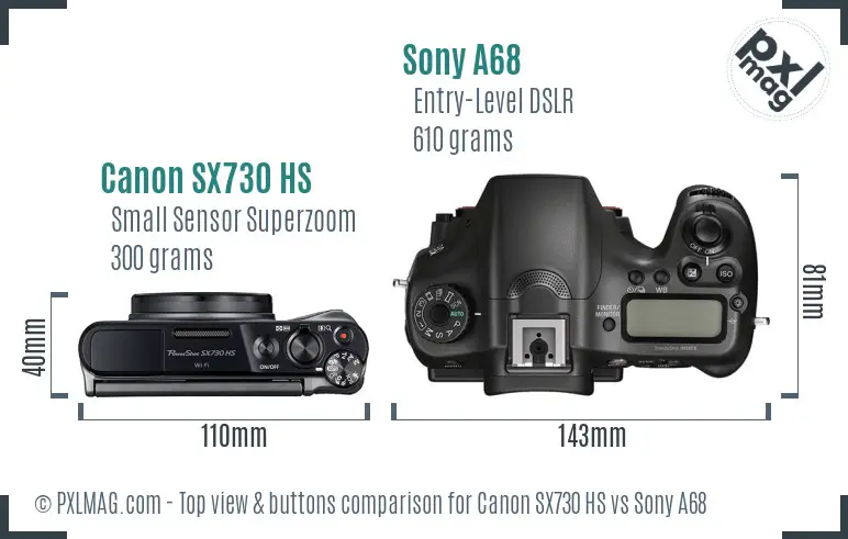 Canon SX730 HS vs Sony A68 top view buttons comparison