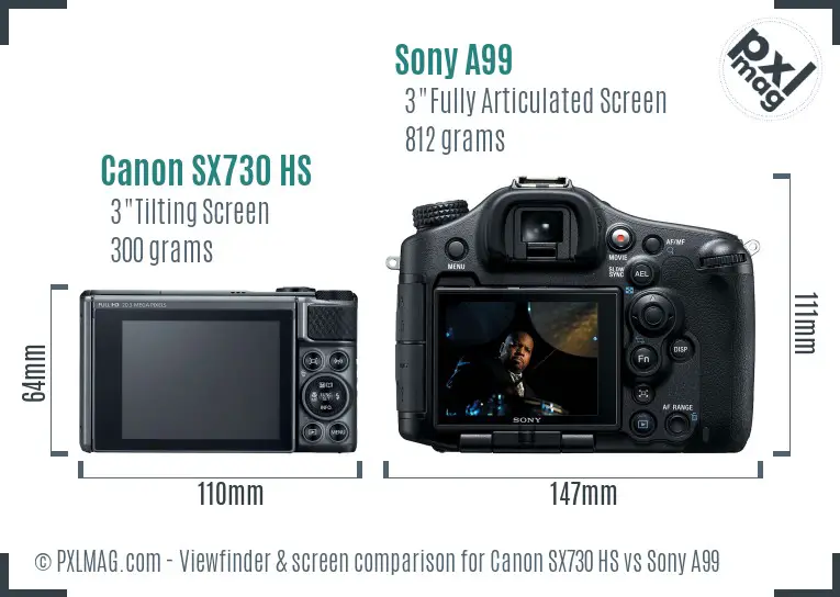 Canon SX730 HS vs Sony A99 Screen and Viewfinder comparison